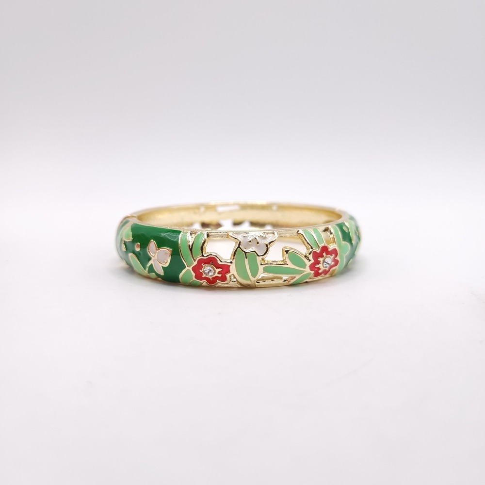 Floral Enamel Hinge Bangle 18K Gold Plated Rhinestone Bracelet - Picture 4 of 6